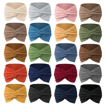 Stretchy Headbands 20 Pack for Women & Men – Soft Sweat-Wicking Non-Slip Elastic Turban Knot Hair Wraps Breathable Solid Colors for Yoga