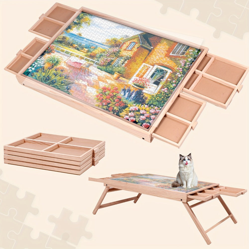 Foldable Puzzle Board Table with Legs – 29.9"x22" Elevated Wooden Jigsaw Desk, 4 Sorting Drawers, Back-Saving Ergonomic Design