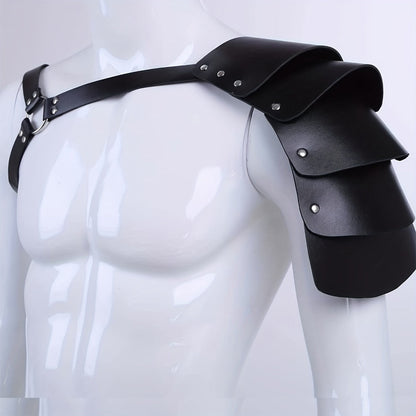 PU Leather Shoulder Armor Warrior Costume Prop with Belt for Men, Single Pauldron Medieval Knight Armor Dress Up Accessory for Halloween