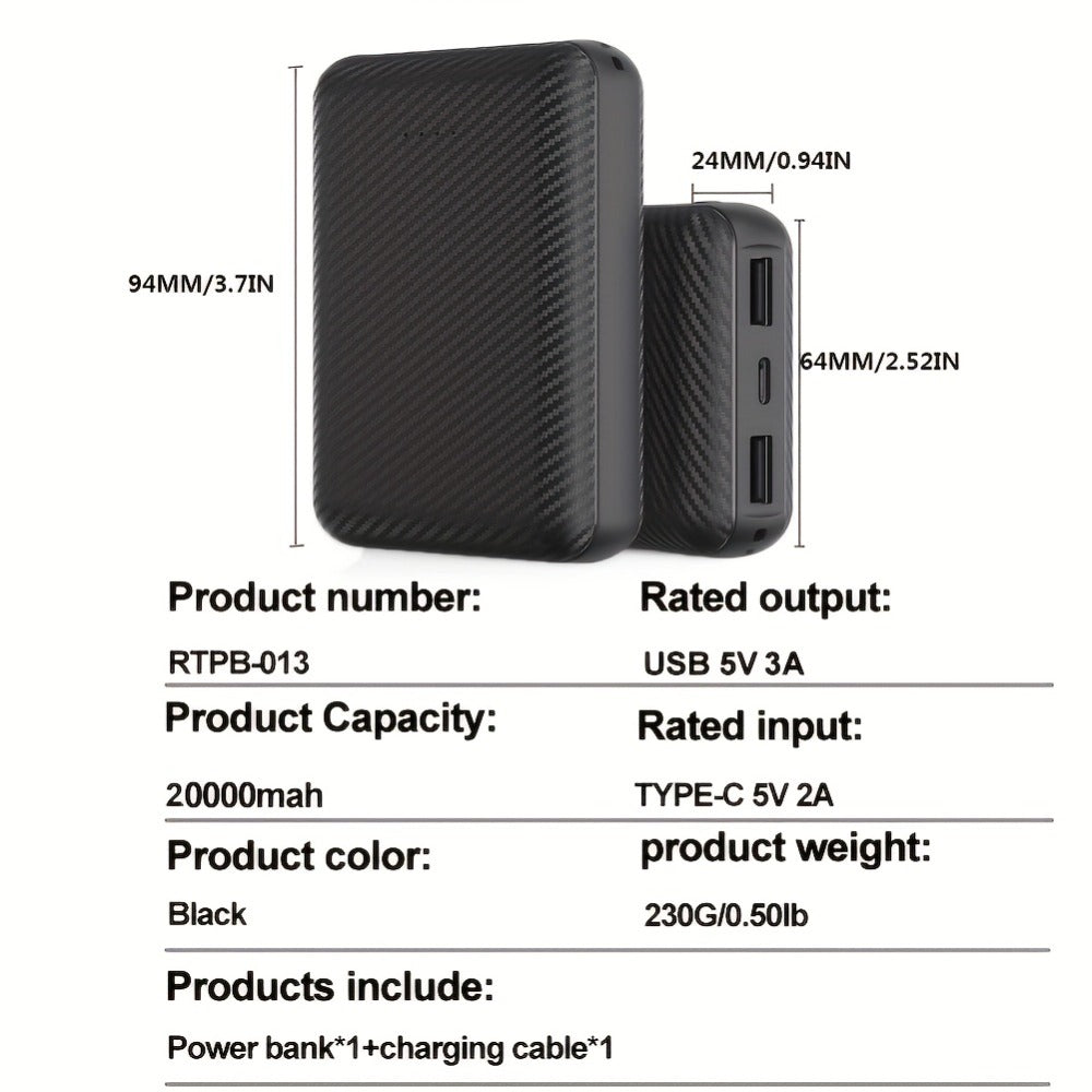 Power Bank 20000mAh 5V/3A for Fan Vests with USB-C Input/Output and USB-A 5V/2A Port for Cooling Garments