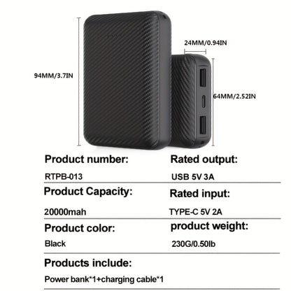 Power Bank 20000mAh 5V/3A for Fan Vests with USB-C Input/Output and USB-A 5V/2A Port for Cooling Garments