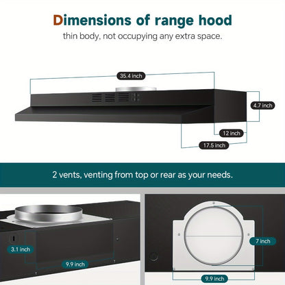 Range Hood 36 Inch Under Cabinet Ducted Ductless Convertible Stainless Steel 350CFM 2-Speed for Home Cooking, Dining and Outdoor Meals