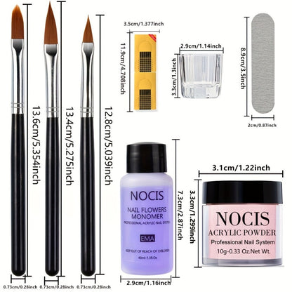 Acrylic Nail Kit NOCIS Four 10g Light Neutral Powders with Liquid Monomer, Three Brushes, File and Mixing Cup