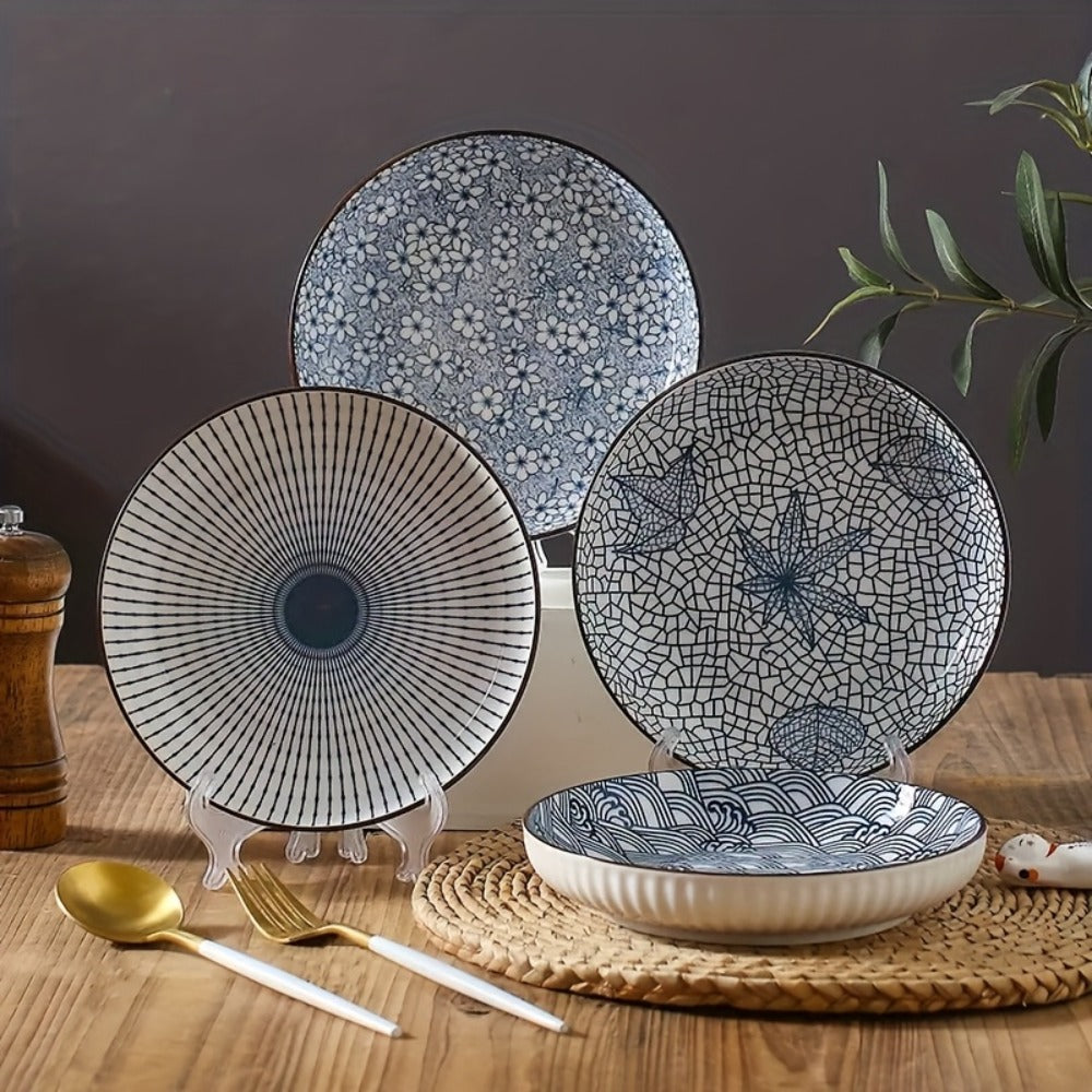 Japanese Ceramic Plates Set of 4, Floral Yamada Pattern Dinnerware, 7-Inch Round Serving Plates with Edge