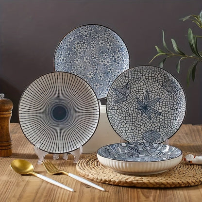 Japanese Ceramic Plates Set of 4, Floral Yamada Pattern Dinnerware, 7-Inch Round Serving Plates with Edge
