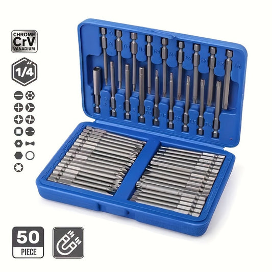Magnetic Screwdriver Bits Set 50pcs – 75mm Extended Security Bits, 1/4" Hex Shank, Torx Star Hex Spline, for Power Drills & Hand