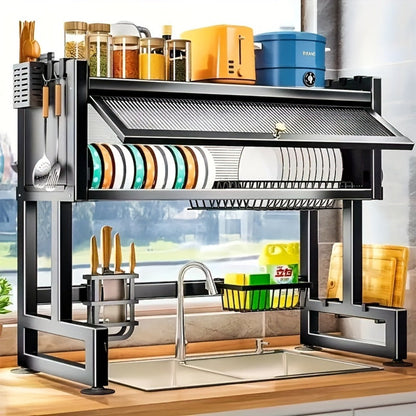 Dish Drying Rack Multi-Tier Kitchen Countertop Drain Rack with Dustproof Cover for Home Cooking, Dining and Outdoor Meals