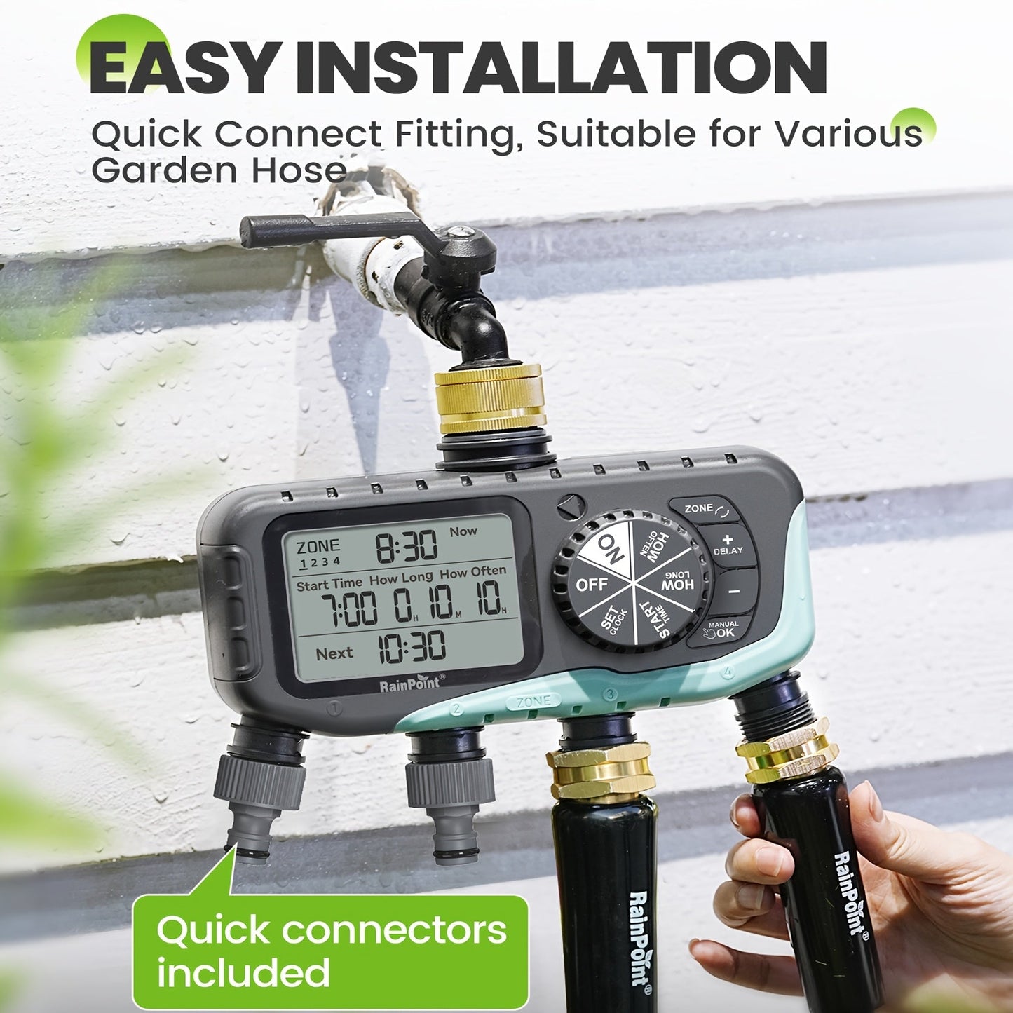Garden Irrigation System 4-Zone, Automatic Watering Controller with Brass Head, Manual & Rain Delay Modes
