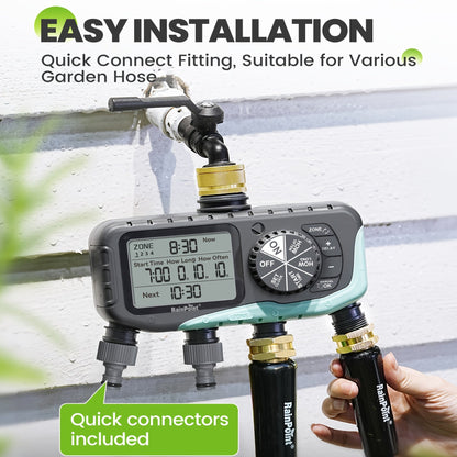 Garden Irrigation System 4-Zone, Automatic Watering Controller with Brass Head, Manual & Rain Delay Modes