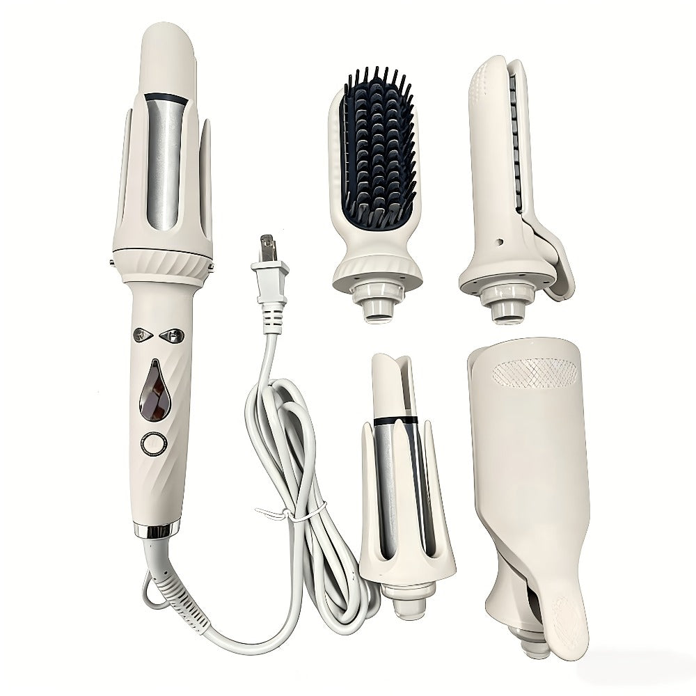 5-in-1 Hair Styler Set with Interchangeable Curling Wand & Straightening Brush - Multi Barrel Curling Iron Kit for Waves