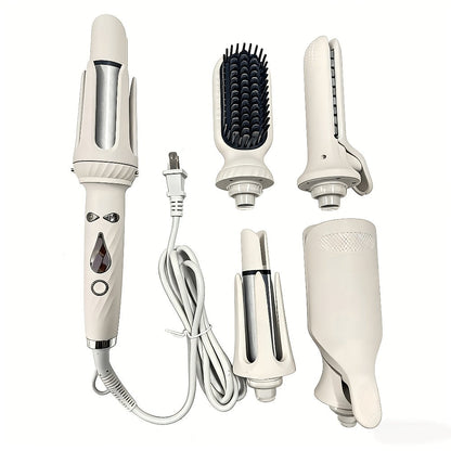 5-in-1 Hair Styler Set with Interchangeable Curling Wand & Straightening Brush - Multi Barrel Curling Iron Kit for Waves