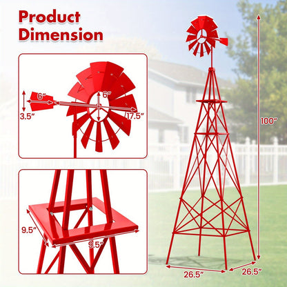 Decorative Windmill 8 ft Metal Outdoor Garden Windmill with Weathervane 4 Ground Stakes All-Weather for Garden, Patio and Yard Use
