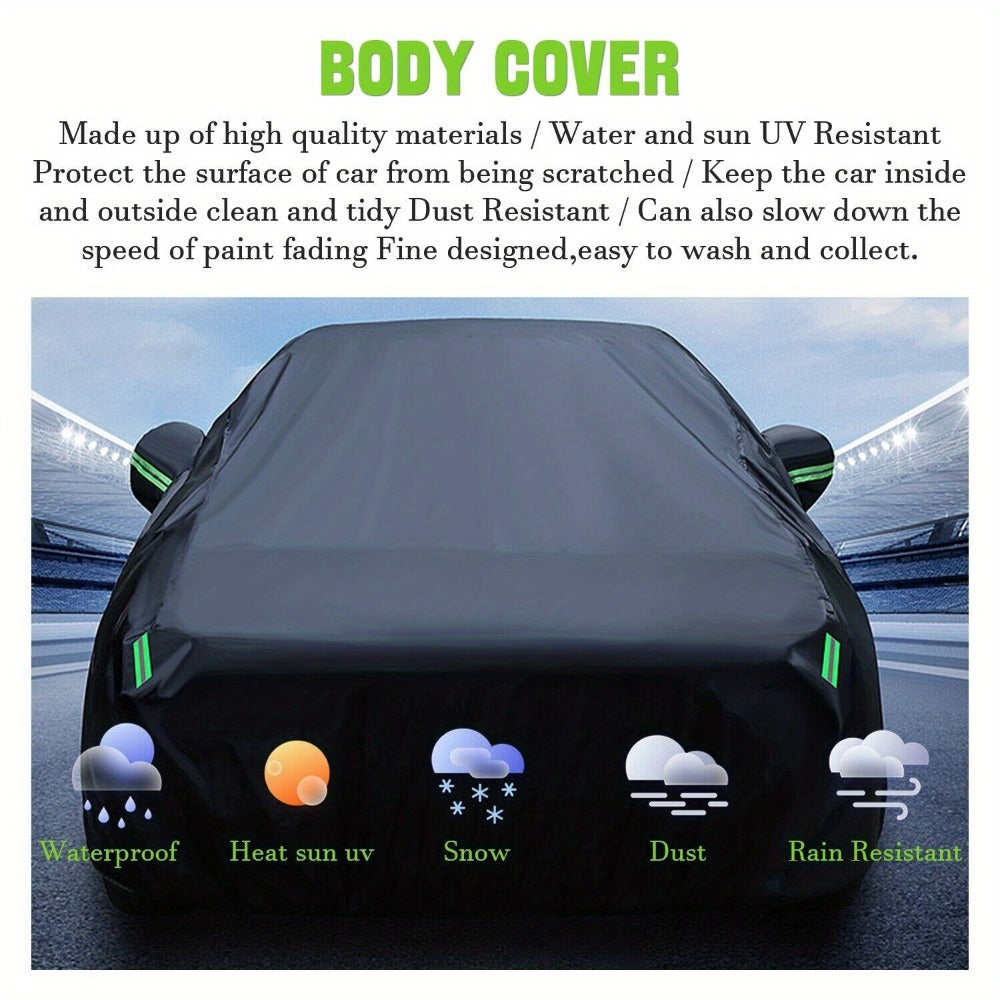 Black Full Car Cover with Green Reflective Tabs, Storage Bag and 5.1 x 2 x 1.5 m Vehicle Fit Size