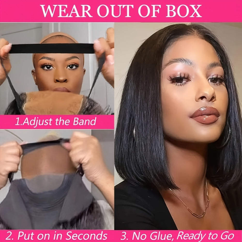 Bob Wig Human Hair 250% Density 4x4 HD Lace Straight Glueless Pre Cut Pre Plucked Wear and Go Natural Black for Women Daily Wear Party Music