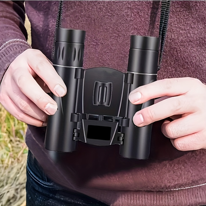 Compact 10x25 Pocket Binoculars with Smartphone Adapter, Center Focus and Folding Body in Black