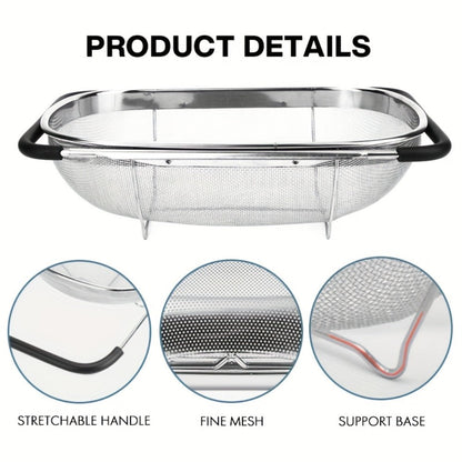 Stainless Steel Colander Expandable Fine Mesh Drain Basket Strainer for Vegetables Fruits for Home Cooking, Dining and Outdoor Meals