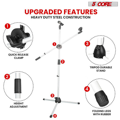 Tripod Microphone Boom Stand with 63-Inch Height, 31.5-Inch Arm, Two Clips and Six Color Options