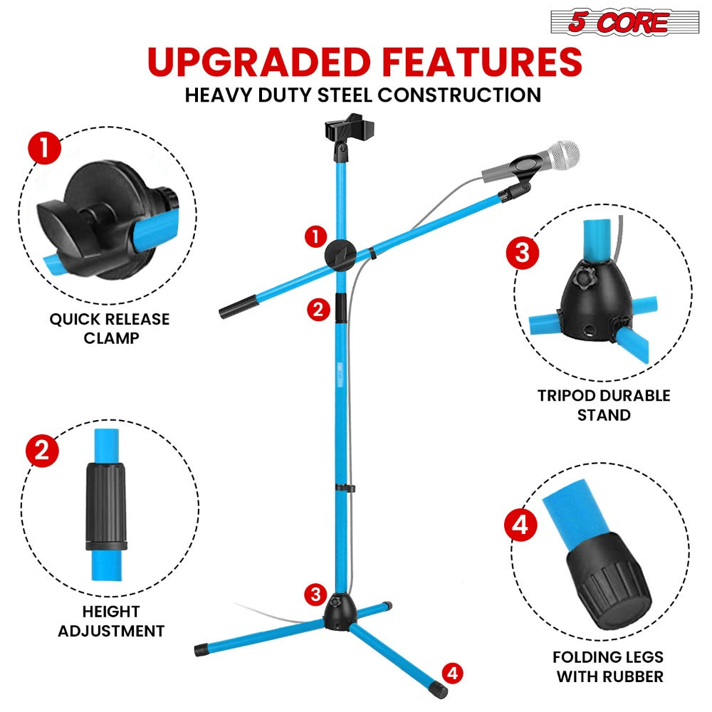 Tripod Microphone Boom Stand with 63-Inch Height, 31.5-Inch Arm, Two Clips and Six Color Options