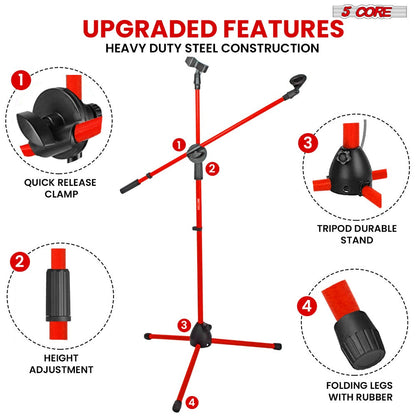 Tripod Microphone Boom Stand with 63-Inch Height, 31.5-Inch Arm, Two Clips and Six Color Options