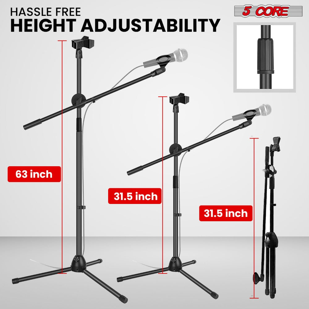 Tripod Microphone Boom Stand with 63-Inch Height, 31.5-Inch Arm, Two Clips and Six Color Options