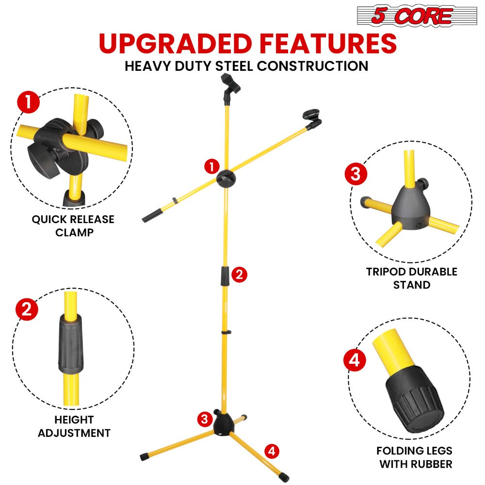 Tripod Microphone Boom Stand with 63-Inch Height, 31.5-Inch Arm, Two Clips and Six Color Options