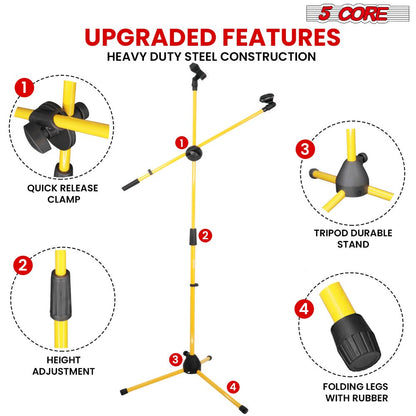 Tripod Microphone Boom Stand with 63-Inch Height, 31.5-Inch Arm, Two Clips and Six Color Options