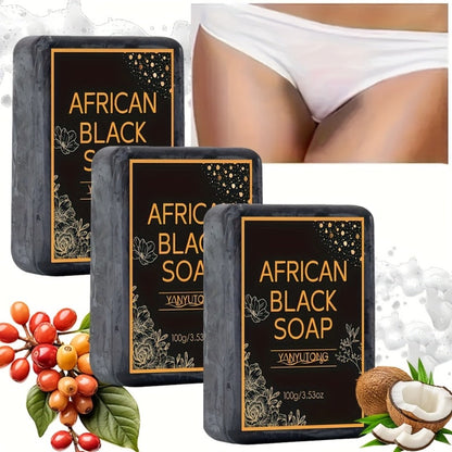 African Black Soap Bar 3-Pack 100g Each with Shea Butter & Coconut Oil – Deep Cleansing Moisturizing Face & Body Wash