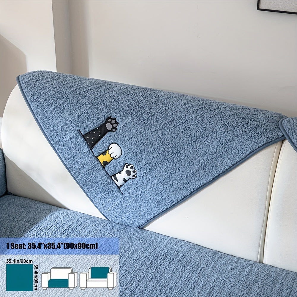 Sofa Cover, Sherpa Plush Cat-Paw Embroidered Seat Pad with Backing Detail in Four Colors and Seven Sizes