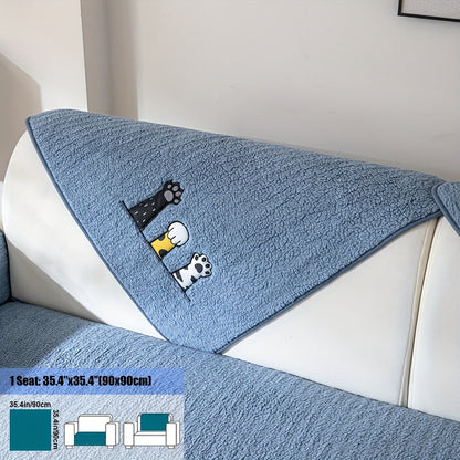 Sofa Cover, Sherpa Plush Cat-Paw Embroidered Seat Pad with Backing Detail in Four Colors and Seven Sizes