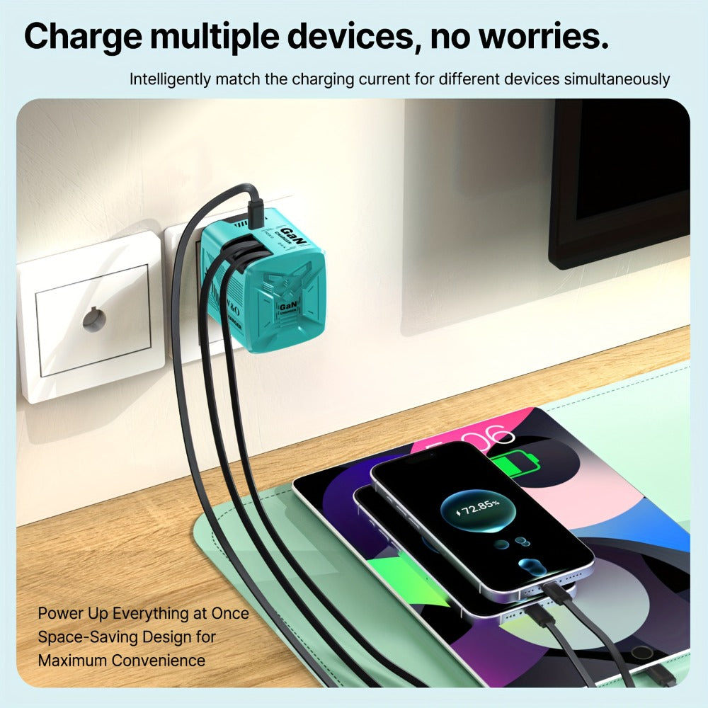 GaN Charger 120W with Lightning & Type-C Retractable Cables 47in, Foldable Plug USB-C Wall Adapter