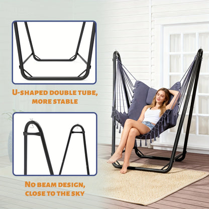 U-Shaped Hammock Chair Stand with Free Hanging Chair, Double Tube Steel Frame, Powder Coat, Side Pocket Included