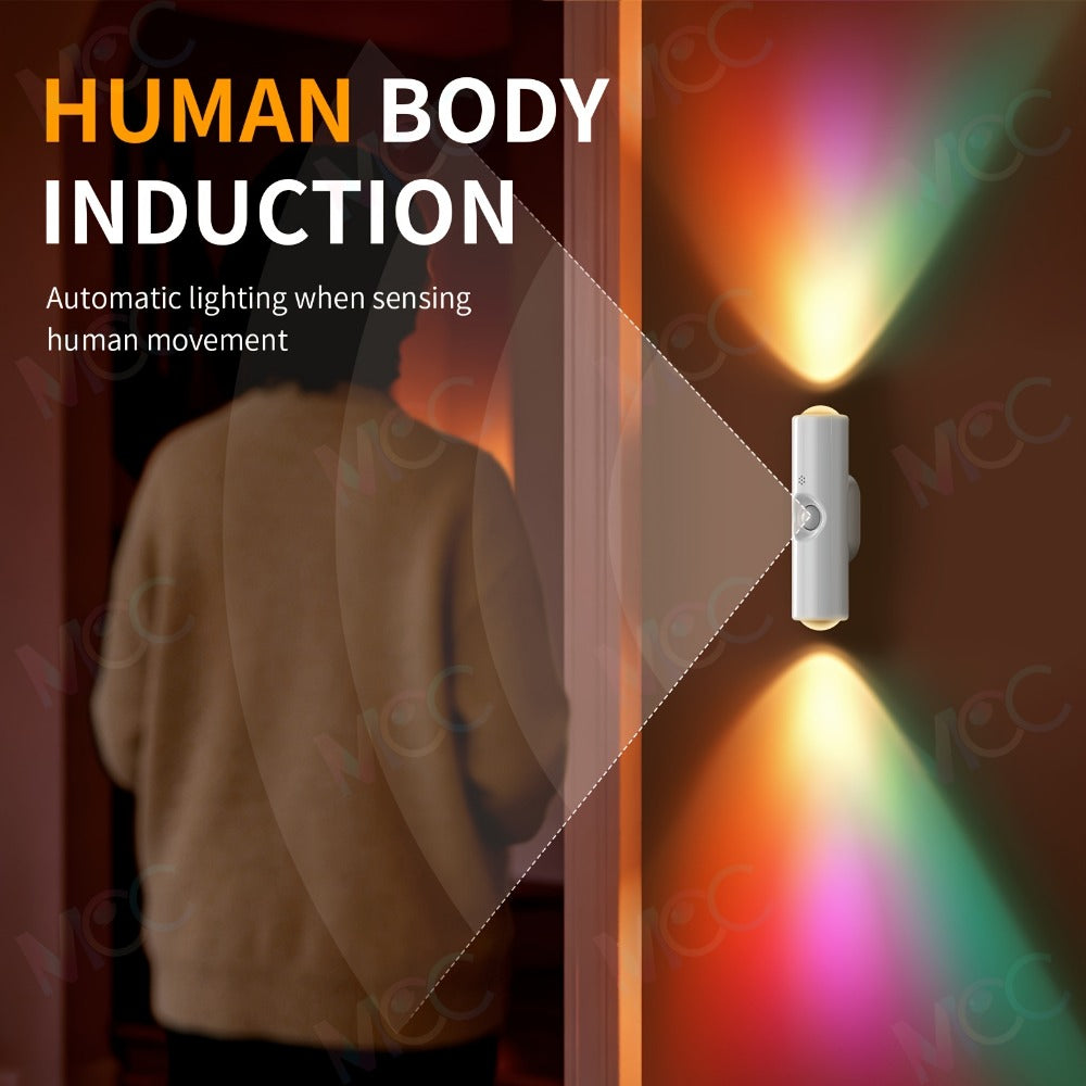 LED Magnetic Night Light Dual Voice & Motion Sensor, 9 Colors Dimmable, 665mAh Battery, Drill-Free Magnetic Install for Hallway