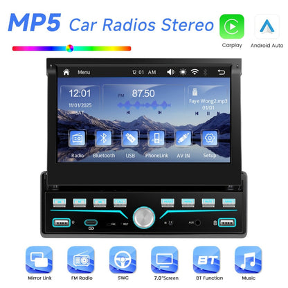 Single Din Car Stereo 7 Inch Flip Out Touchscreen – Wireless CarPlay & Android Auto, 1080P HD, FM Radio, SWC, Voice Control, USB/Type-C/AUX