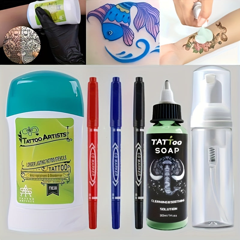 Tattoo Transfer Kit Complete Set with Ink Gel Green Soap Solution & Stencil Markers for Temporary Body Art, Festivals and Costumes