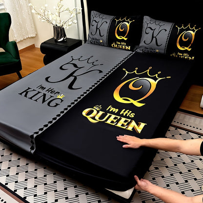 Bed Sheet Set 3 Piece Super Soft Microfiber Fitted Sheet with Pillowcases – Deep Pocket 15 Inch Crown Letter Print Color Block Bedding Twin