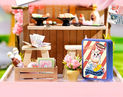 DIY Miniature Shop Dollhouse Kit with Dust Cover, Wooden Mini Store Assembly Set, 4 Themes Sakura Noodles Candy Atelier Coffee