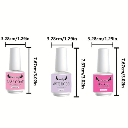 Gel Nail Polish 3-Piece Base and Top Coat Kit with No-Wipe Glossy, Matte and Base Gel for UV/LED Soak-Off Manicures