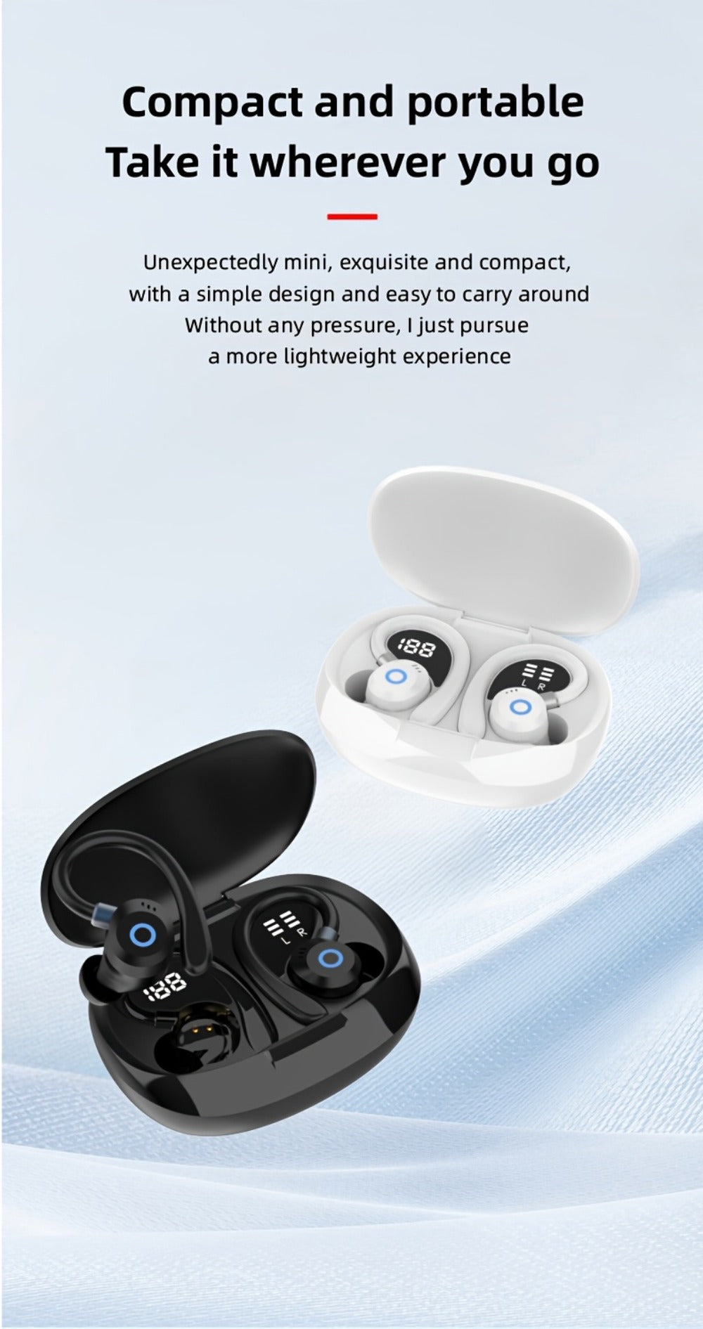 Wireless Earbuds Stereo In-Ear with LED Display Case, Touch Controls and Black, Blue or White Options