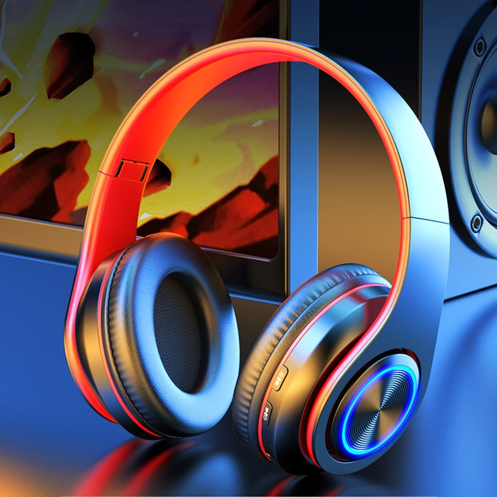 LED Light Over-Ear Wireless Headphones Deep Bass Subwoofer, Active Noise Cancelling Foldable Headset Bluetooth 5.3