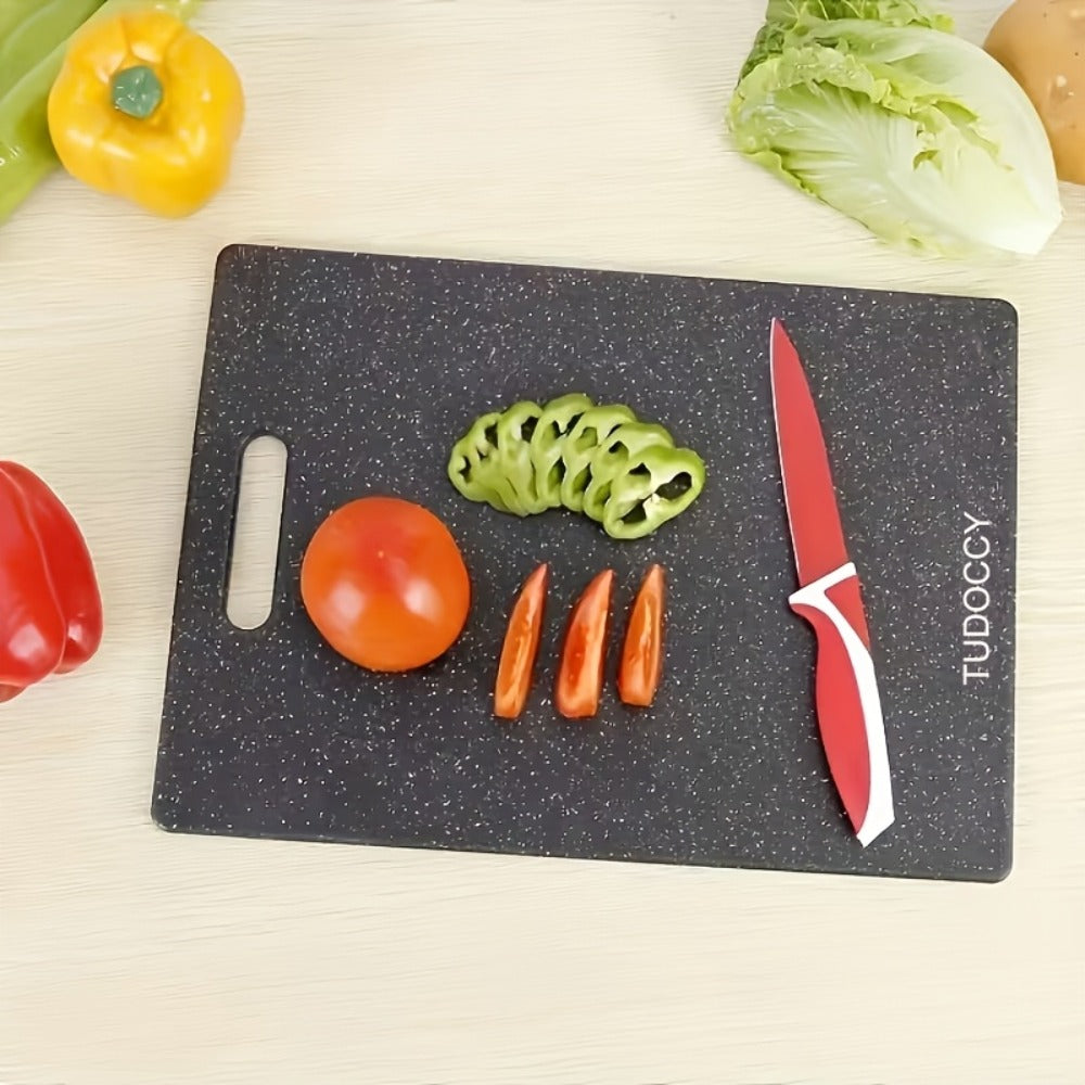 Cutting Board TUOOCY Three-Piece Black Speckled Plastic Set with Handles in Three Graduated Sizes