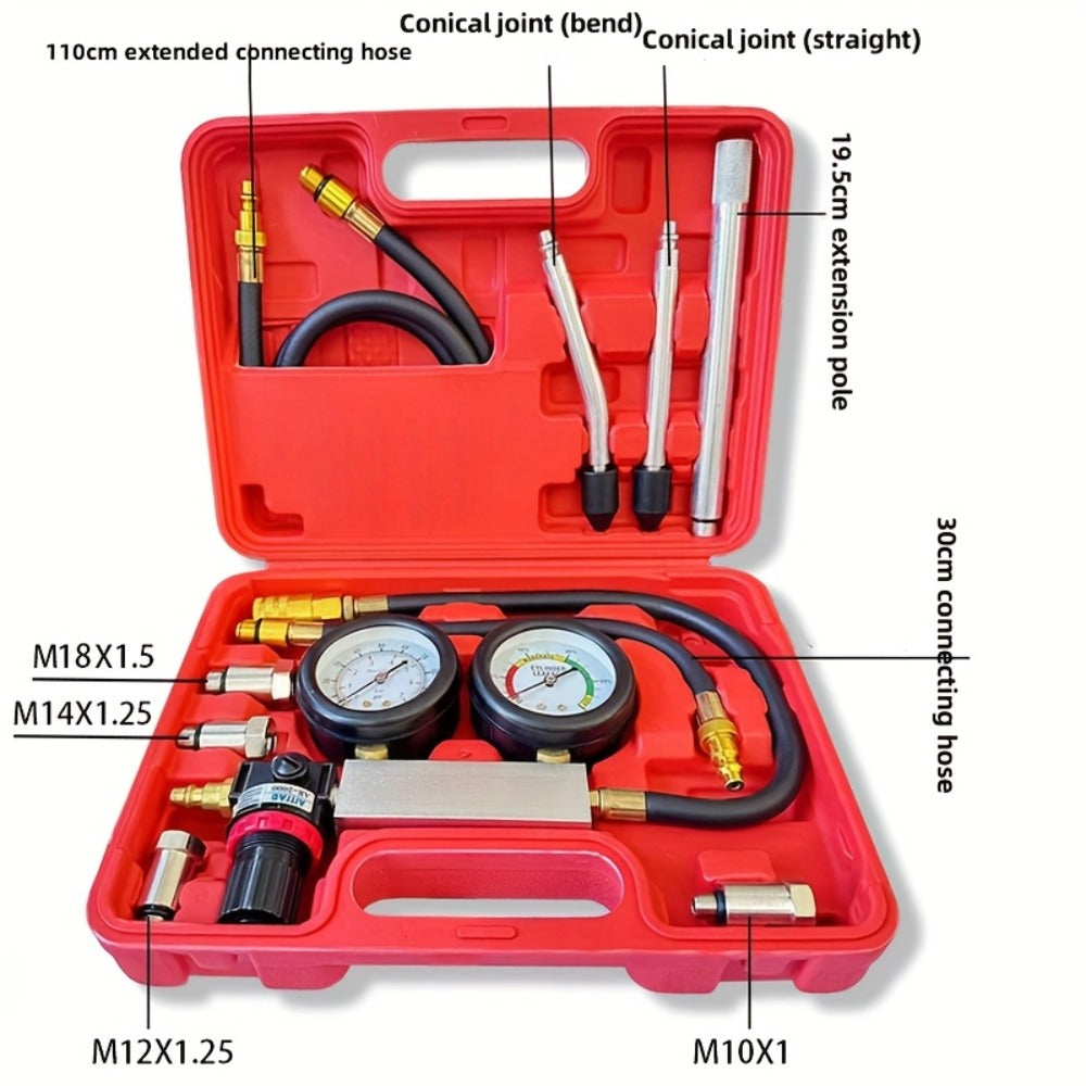 Engine Compression Tester and Cylinder Leak Down Tester Kit TU-21 Dual Gauge Leakdown Detector for Car Motorcycle Truck Gasoline Engine
