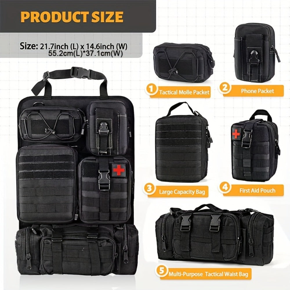 Black MOLLE-Style Seatback Car Organizer Panel with Five Detachable Pouches and Six Keychains