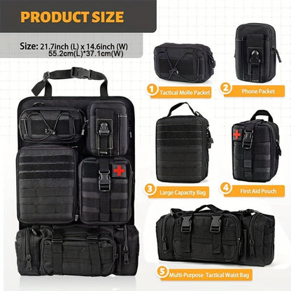 Black MOLLE-Style Seatback Car Organizer Panel with Five Detachable Pouches and Six Keychains