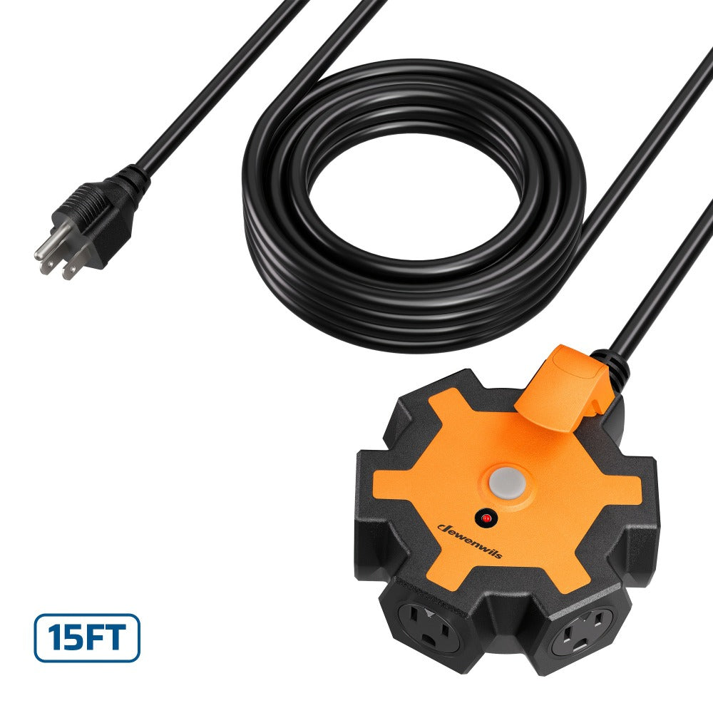 Power Strip Industrial 5-Outlet Hub with 15-Foot 14/3 AWG SJTW Cord, Circuit Breaker and Swivel Covers