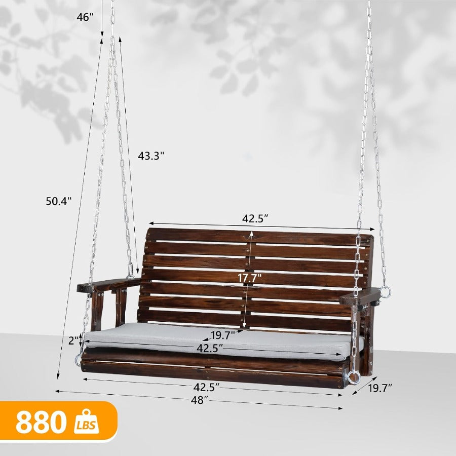 Porch Swing 4 FT Wooden, Outdoor Patio Swing with Adjustable Chains, Rustic Farmhouse Style for Yard