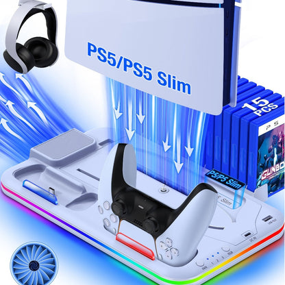 15-Game Storage PS5 Slim Stand with RGB Cooling Fan & Dual Controller Charging Station, Compatible with PS5 Slim Disc & Digital Edition