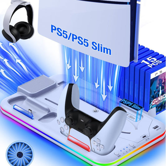 15-Game Storage PS5 Slim Stand with RGB Cooling Fan & Dual Controller Charging Station, Compatible with PS5 Slim Disc & Digital Edition