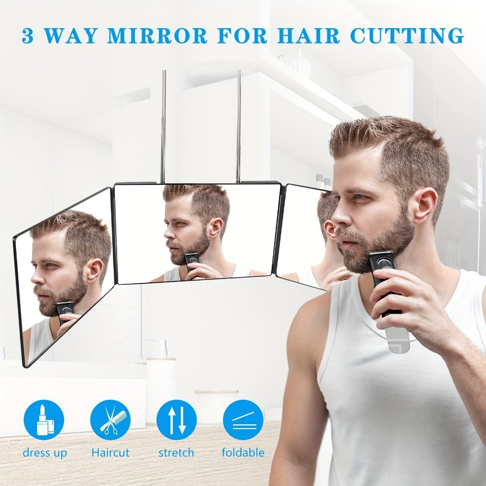 Hair Cutting Mirror 3 Way with LED Light – 360° View Trifold Barber Mirror, Adjustable Height, Door Hang Wall Mount or Tabletop
