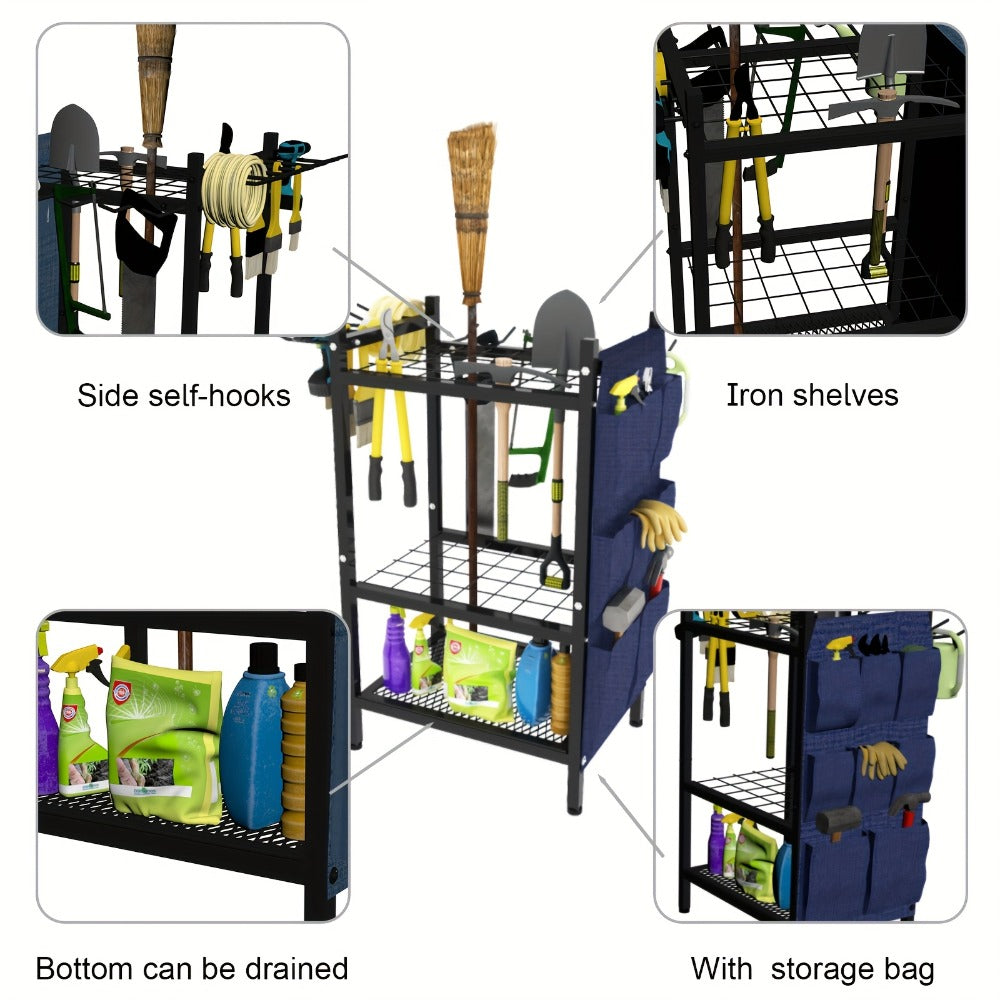 Tool Storage Rack with Storage Bag, Metal Yard Tool Organizer for Garage Holds 35 Long-Handled Tools