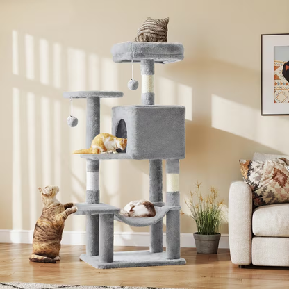 Multi-Level 44in Cat Tower with Enclosed Condo, Hammock, Round Platforms and Sisal-Wrapped Posts